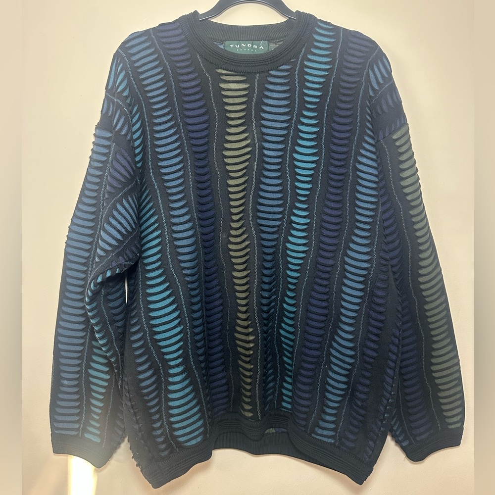 Vintage Mens Tundra Coogi Style 3D Knit Sweater 90s Size M Canada Blue Black
